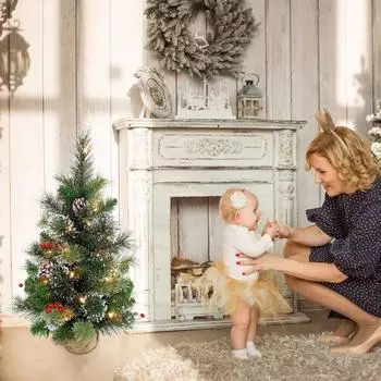 24 Маленькое украшение на рождественскую елку с цветочными сосновыми иголками, теплая белая светодиодная гирлянда, рождественское украшение для столешницы стола 24inch(60cm)