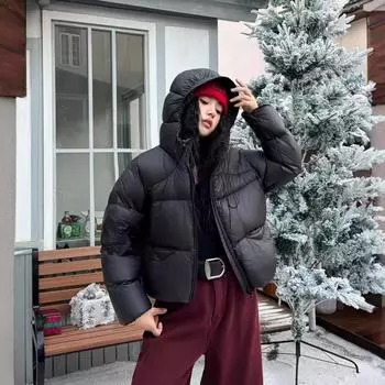 24 Новинка 90 г. Белая утиная пуховая куртка с капюшоном, утепленная, маленькая, короткая, женская, пушистая, мягкая, зимняя куртка S чёрный