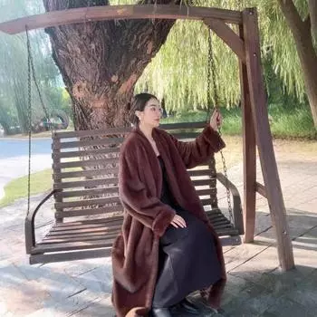 24 новых средневековых V-образных вырезов удлиненных длинных экологически чистых меховых пальто утолщенных искусственных норковых норковых шуб высокого класса S (under 55 kg) темно-коричневого