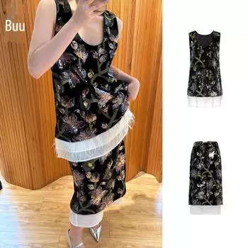 24 Осень/Зима Новый Тяжелый Бархатный Цветочный Бисерный Жилет в Китайском Стиле Топ + Юбка В Складку Size S