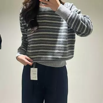 24 Осень/Зима Женский свободный шерстяной свитер: Круглый вырез, контрастные полосы, омолаживающий трикотажный топ. M зелёный