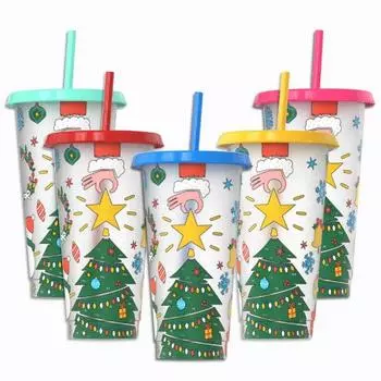 24 Oz Coffee Straw Cup Reusable Christmas Color Changing Cup with Lid Plastic Cold Bucket Party Drink Cup 701-800ml