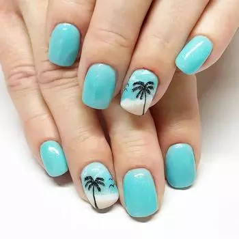 24 Pcs Coconut Tree False Nail Seagull Artificial Nail Glossy Full Cover Stick on Nail Short Square Press On Nail