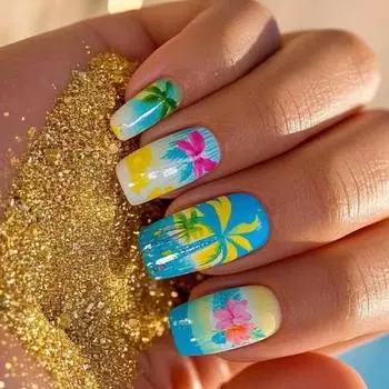 24 Pcs Coconut Tree False Nail Summer Artificial Nail Glossy Full Cover Stick on Nail Medium Square Press On Nail