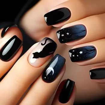 24 Pcs Moon and Stars Press On Nail Gradient False Nail Glossy Artificial Nail Black Cats Stick on Nail for Party