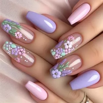 24 Pcs Short Ballerina Press On Nail 3D Flowers False Nail Acrylic Nail Glossy Full Cover Stick on Nail for Woman
