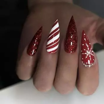 24 Pieces Christmas Candy Stripes Wear Nail Snowflake Nail Art Fake Nail Flash Diamond Sequins Repeatable Nail Piece