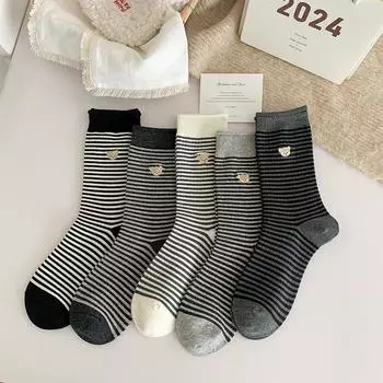 24-полосатые носки детские с вышитым медведем простые и милые японские литературные и универсальные парные чулки One Size белый