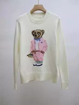 24 Ранняя осень Женская одежда Вязаная вышивка Розовый медведь Вышивка, Круглый вырез S белый
