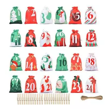 24 рождественских сумки для обратного отсчета 24 рождественских сувенира Адвент-календарь сумки Подвесные сумки для конфет на шнурке Многоразовые тканевые сумки для Other