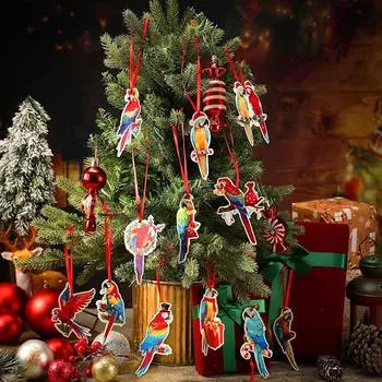 24 шт. 2D винтажные рождественские попугаи красные птицы елочные украшения деревянные подвески в виде птиц