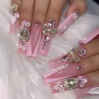 24 шт. 3D Flash Diamond Flower Pink French Wearing Nail Golden Butterfly Маникюр Европейский и Американский Супер Длинный Накладной Ногти
