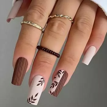24 шт. 3D Накладные ногти средней длины формы гроб Пресс-накладные ногти Простые листья Акриловые ногти Стильные Полное покрытие Наклейки для ногтей для женщин