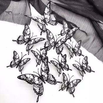 24 шт. 3D наклейки на стену в виде бабочек, жуткие украшения в виде бабочек на Хэллоуин, съемные наклейки на стену для домашнего декора, поделок своими руками 24PCS чёрный