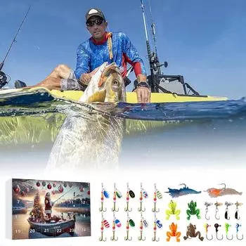 24 шт Адвент-календарь Рыбалка Рождественский обратный отсчет, рыболовные снасти Адвент-календарь для рыбалки Взрослые мужчины Подростки Мальчики, Рождественский сюрприз-подарок One Size