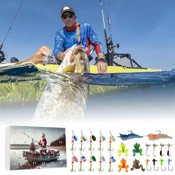 24 шт Адвент-календарь Рыбалка Рождественский обратный отсчет, рыболовные снасти Адвент-календарь для рыбалки Взрослые мужчины Подростки Мальчики, Рождественский сюрприз-подарок One Size