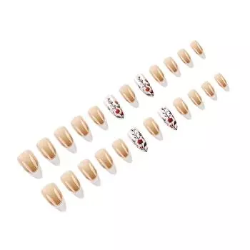 24 шт. Белые накладные ногти с французским кончиком, миндалевидные, с цветами, акриловые, простые, с полным покрытием, самоклеящиеся