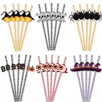 24 шт., бумажные соломинки для Хэллоуина, праздничная посуда, декор для питья тыквы, призрака Skull