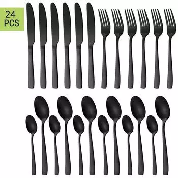 24 шт. черная посуда из нержавеющей стали, столовые приборы, обеденный нож, ложки, вилка, десертные ложки, западная серебристая посуда, набор кухонной посуды серебряный