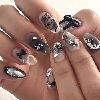 24 шт. Черный трехмерный бант для ногтей с жемчугом Love Star Nail Art Piece Постепенное изменение блесток Буква Almond Nail Piece