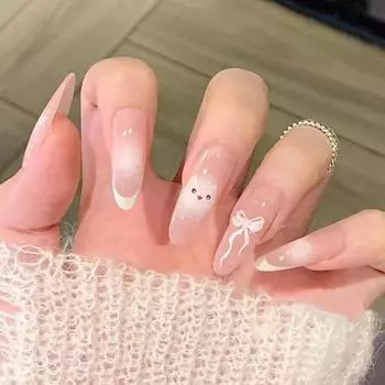 24 шт. французских ногтей средней и длинной крестообразной формы с милым кошачьим белым темпераментом, миндалевидные ногти 24 шт. носимых ногтей