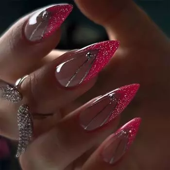 24 шт. французских V-образных красных накладных ногтей с бриллиантовыми блестками для ногтей, короткие накладные ногти с миндалевидной формой, накладные ногти