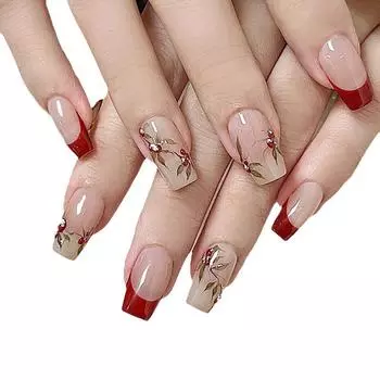 24 шт., французский пресс в китайском стиле, многоразовые гелевые накладные ногти, быстросъемные, с красной стороной, короткие, трапециевидные, полностью готовые накладные ногти 24pcs