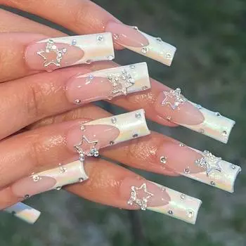 24 шт. френч-пресс на ногтях со стразами и перламутровыми белыми кончиками - очень длинные накладные ногти Coffin Ballet для женщин и девочек, глянцевые и на клею