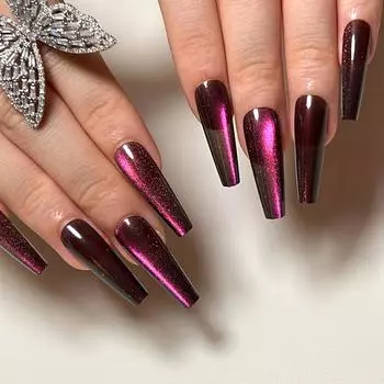 24 шт. Galaxy Cat Eye Effect Magenta Color Changing Glossy And Sparkly Coffin Long Press On Nails With Nail Kit And Glue (Темно фиолетовый)