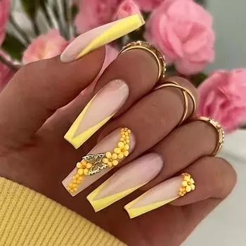24 шт. глянцевые накладные ногти Y2K с искусственными кристаллами — длинные желтые накладные ногти для полного покрытия накладного акрилового маникюра на Пасху