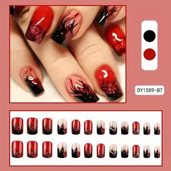 24 шт. глянцевых красных накладных ногтей с пламенным дизайном, многоразовые накладные ногти для женщин и девочек