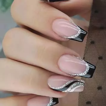 24 шт. глянцевых средних балетных накладных ногтей, черные французские накладные ногти с серебристым блестящим белым завитком, милые классные накладные ногти для женщин и девочек розовый