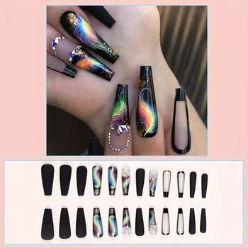 24 шт. градиентных перьевых накладных ногтей - длинные акриловые накладные ногти в форме балерины для женщин и девочек - французские черные глянцевые накладные ногти Long