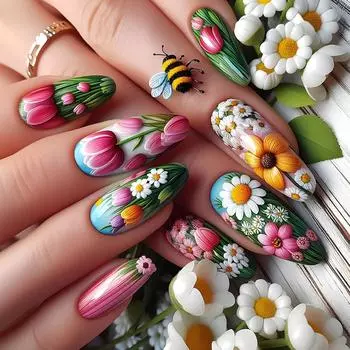 24 шт. Капли воды Полное покрытие Накладные ногти Цветы Накладные ногти Средние Наклейки для ногтей Акриловые ногти для женщин и девушек