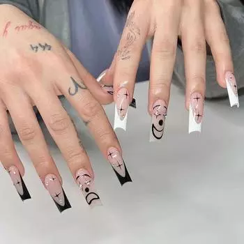 24 шт./компл., быстрые ногти, французская черная кайма, мультяшное лицо, накладные ногти, наклейка, носимые водостойкие маникюрные готовые ногти
