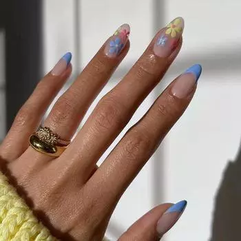 24 шт./компл., быстрые ногти, простой французский цветок с синей каймой, накладные ногти, наклейка, носимые водонепроницаемый маникюр, готовые ногти