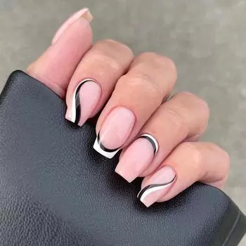 24 шт./компл., черные и белые французские волны, накладные ногти, наклейки для ногтей, водонепроницаемые, готовые маникюрные ногти