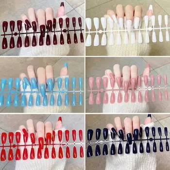 24 шт./компл. DIY быстрые ногти, однотонные глянцевые длинные балетные накладные ногти, разноцветные полоски, готовая одежда, дизайн ногтей вино красного