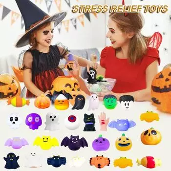 24 шт./компл. игрушка-сжиматель на Хэллоуин с медленным отскоком TPR для снятия стресса, привидение, тыква, череп летучей мыши, черная кошка, сжимающая сенсорная игрушка-фиджет, наполнитель для мешка с подарками set