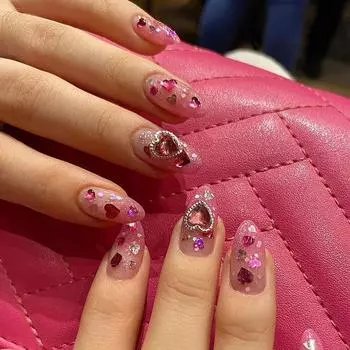 24 шт./компл. красные накладные ногти розовый градиент носить ногти красный любовь драгоценный камень блестящий дизайн ногтей