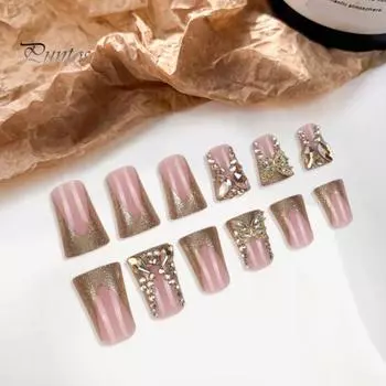 24 шт./компл. накладные ногти со стразами в виде бабочек, золотистые бабочки, длинные накладные ногти, полное покрытие для домашнего салона, для женщин и девочек, набор для накладных ногтей из пластика золотистый