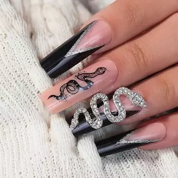 24 шт./компл., удлиненные французские ногти со стразами, накладные ногти в виде змеи, готовые прямоугольные блестящие черные ногти None