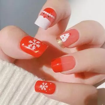 24 шт./комплект, рождественские накладные ногти с клеем, симпатичные снежинки, Санта-Клаус, рождественская елка, украшения для ногтей, маникюрные накладки с полным покрытием, гелевые накладные ногти красный