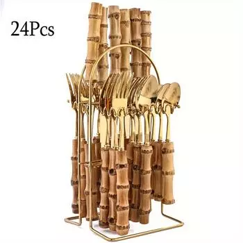 24 шт. креативные наборы столовых приборов из бамбуковой ручки из нержавеющей стали набор столовых приборов нож вилка ложка набор столовых приборов роскошная стойка для столовых приборов серебряный