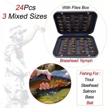24 шт. латунная бусина с головкой, приманки для рыбалки нахлыстом, приманки для ловли форели, приманки с коробкой для мух 24Pcs-Size 16