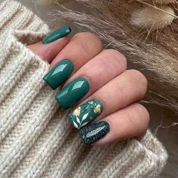 24 шт. Маленький свежий зеленый маникюрный лист с золотыми листьями из фольги, черный глиттер, ретро-лес, доспехи
