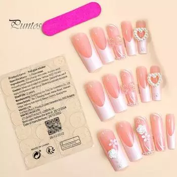 24 шт. маникюрные ногти, длинные квадратные очаровательные банты, удлиненные французские накладные ногти со стразами для женщин, маникюр Mixed Style