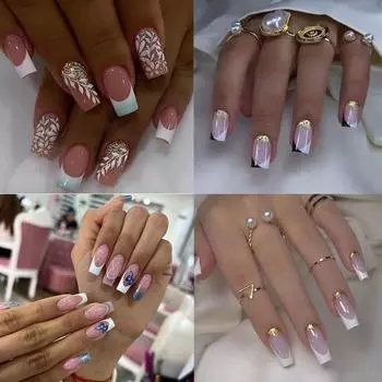 24 шт. Маникюрный пресс для ногтей DIY Leaf White Edge Long French Ballerina Fake Nails W526
