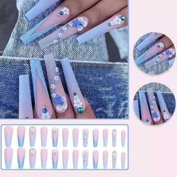 24 шт., милые цветочные гелевые накладные ногти с плоской головкой, накладные ногти, носимые накладные ногти с полным покрытием, искусственный французский кончик, принадлежности для дизайна ногтей «сделай сам» 24PCS