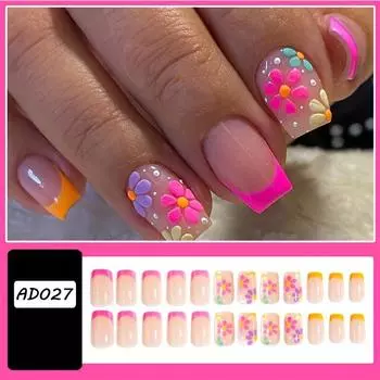 24 шт. милых классных накладных ногтей, милые цветочные накладные ногти с красочными французскими типсами, глянцевые накладные ногти с полным покрытием, короткие квадратные накладные ногти Short